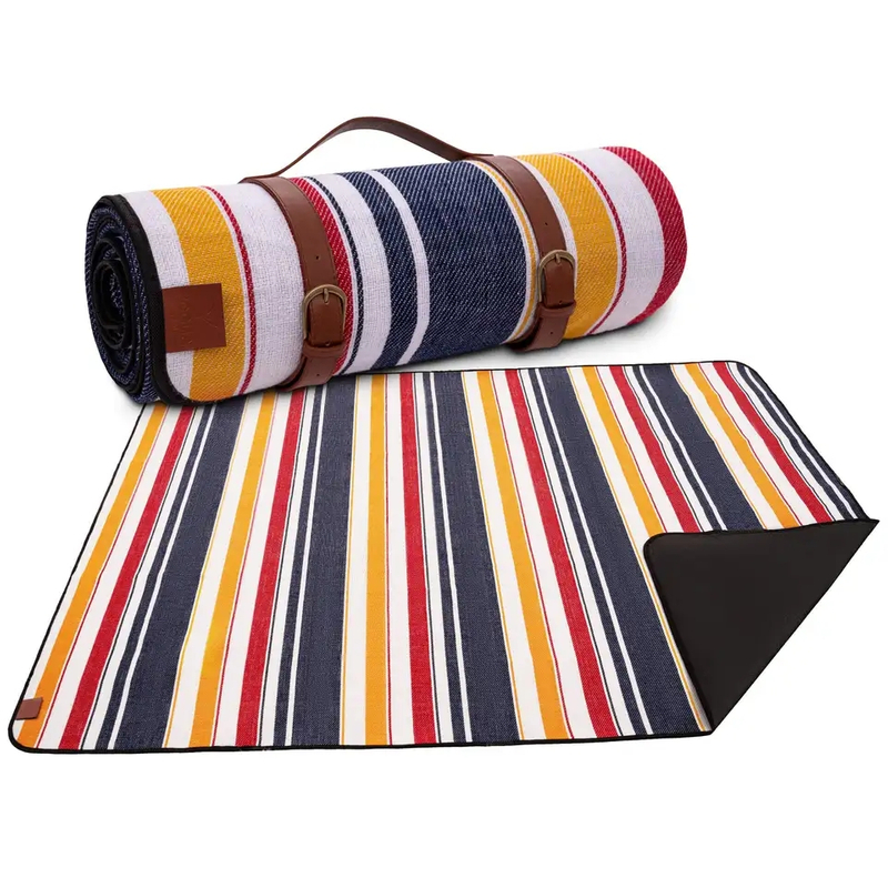 Woven Acrylic Plaid Outdoor Picnic Rug Beach Blanket With Leather Strap