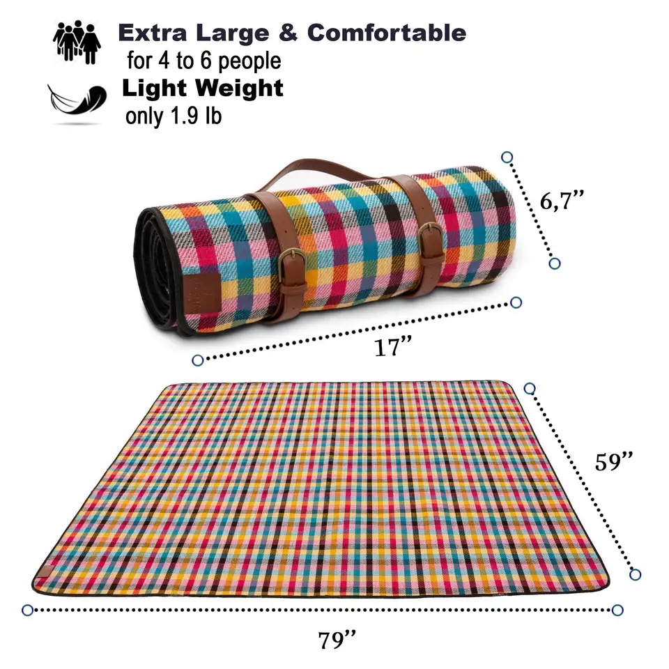 Woven Acrylic Plaid Outdoor Picnic Rug Beach Blanket With Leather Strap