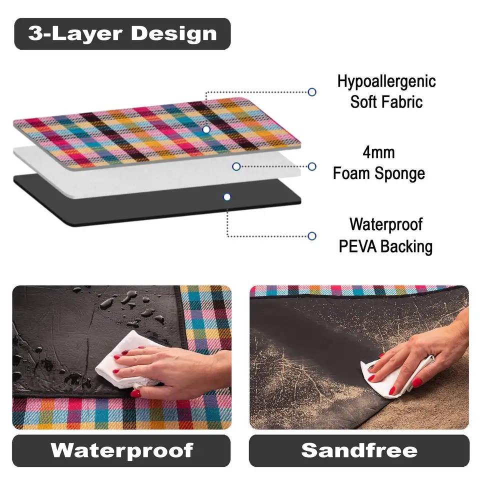 Woven Acrylic Plaid Outdoor Picnic Rug Beach Blanket With Leather Strap