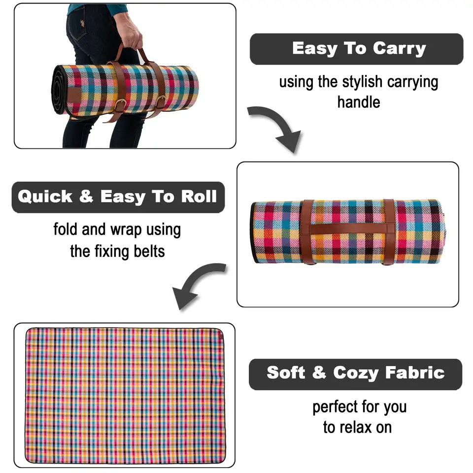 Woven Acrylic Plaid Outdoor Picnic Rug Beach Blanket With Leather Strap